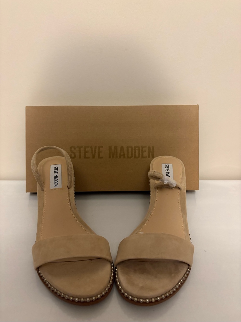 Steve Madden Beige Suede Pearl-Trim Slingback Sandals